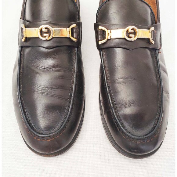 Vintage Gucci Men\'s Dark Brown Leather Loafers Shoes with Gold GG Buckle 42.5 main image 2